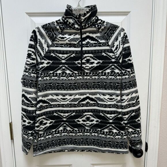 Eddie Bauer Tops - Eddie Bauer Sweater Womens Small Black White Southwest Geometric 1/4 Zip Fleece